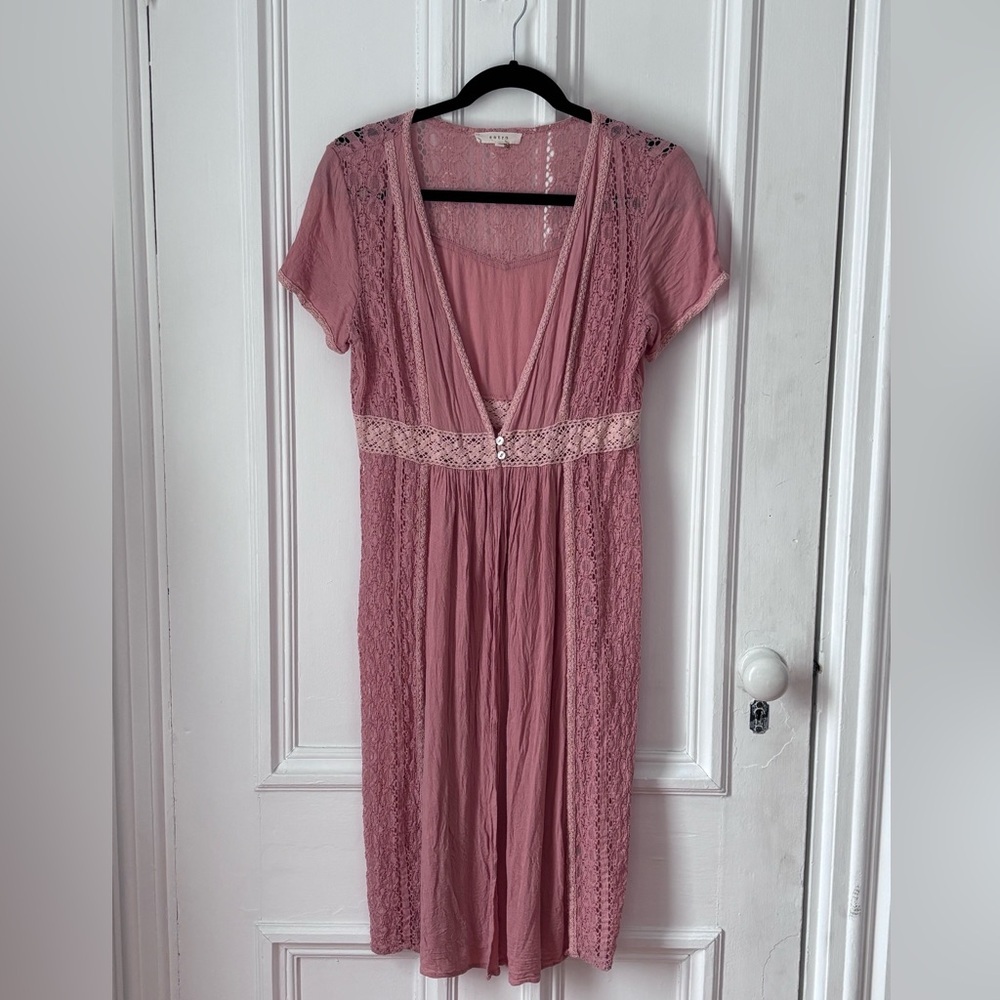 Women’s Entro Dusty Rose Boho Two Button Short Sleeve Lace Detail Duster Large